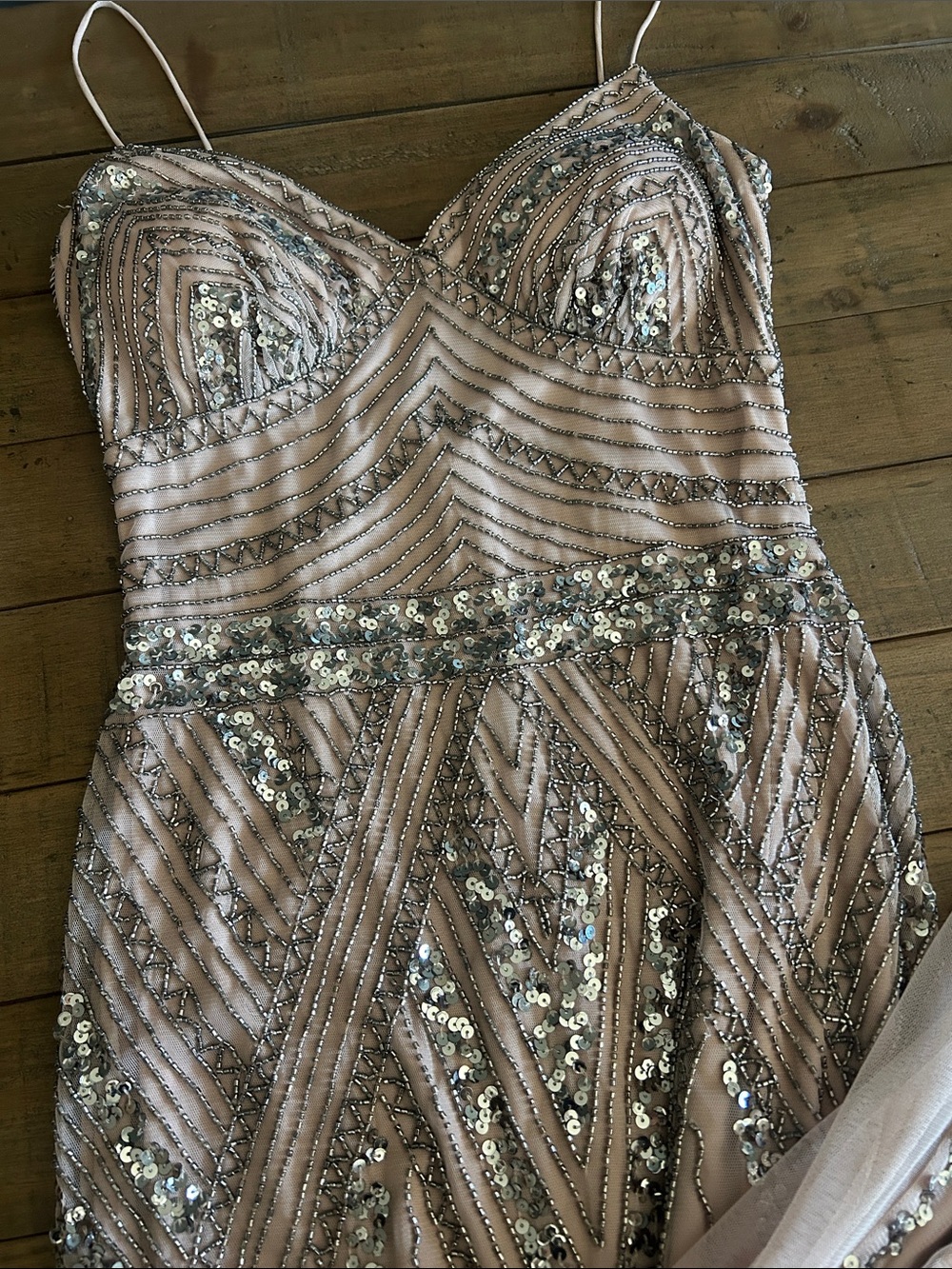 MARINA Blush Beaded Spaghetti-Strap Gown